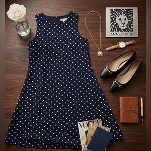 Anne Klein Navy Blue & White Polka Dot A-Line Dress Size 4